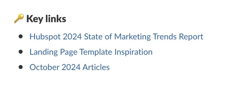 Links added in bullet point form in the Slack app