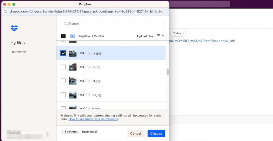 Choose files to integrate in the Slack app