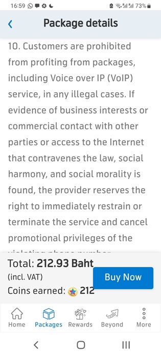 "No profiting from package" mentioned in the terms and conditions of a limited international roaming data plan by DTAC-Thailand.