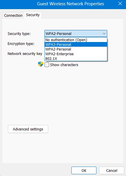 Changing a Wi-Fi network's encryption type from WPA2 to WPA3. using network properties.