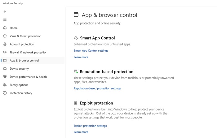 App & browser control in Windows Security.