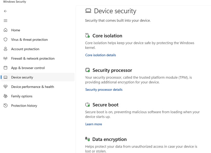 All the device security features in Windows Security including Core isolation, Secure boot, and Security processor.