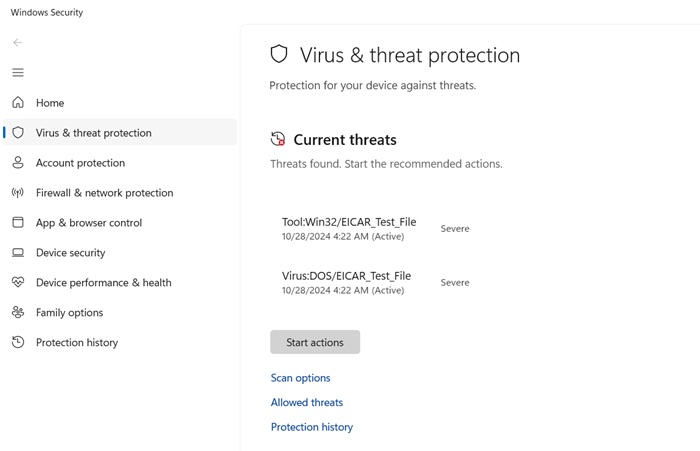 Windows Security detects EICAR malware test file easily.
