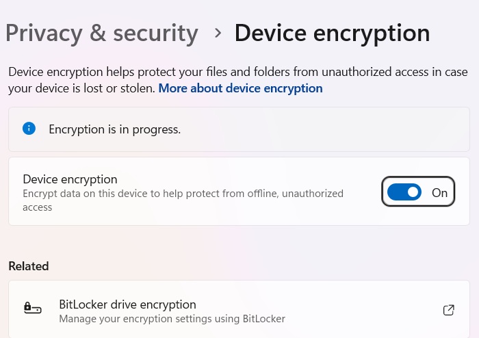 Device encryption feature in Windows Security offering protection against advanced Phishing.