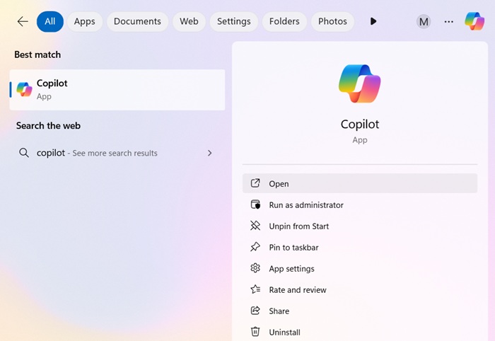 Copilot app in Start menu of Windows 11, 24H2.