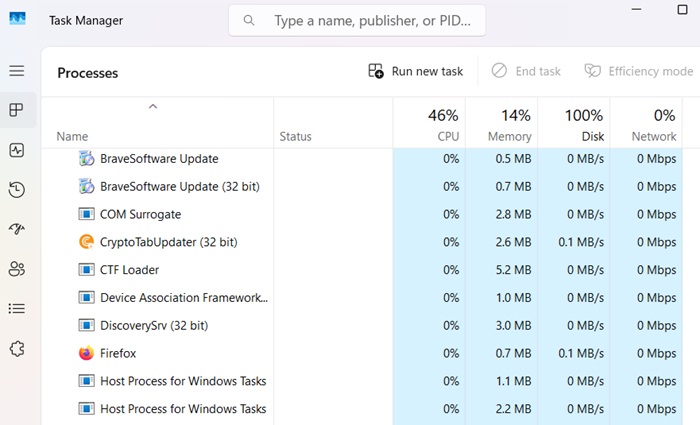 100 percent disk usage shown in Taskbar for a Windows 11 device.