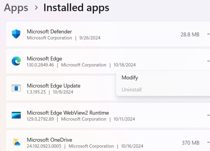 Microsoft Edge uninstall option greyed out in Windows 11.