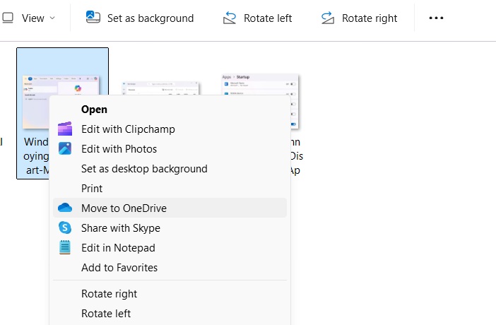 Moving files manually to OneDrive through a right-click on WIndows 11.