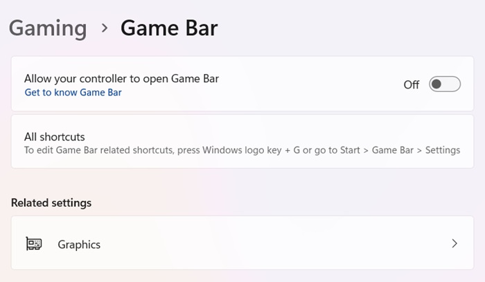 Windows 11 Game Bar option for controller disabled.
