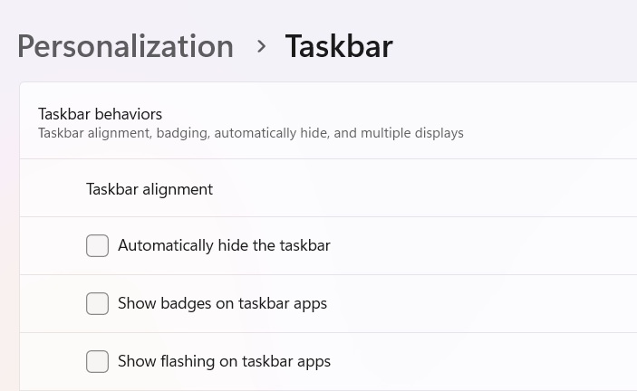 App badges and flashing disabled in Windows 11.