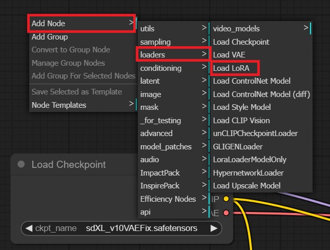 A screenshot from ComfyUI's workflow, showing how to load a LoRA node into the workflow for enhancing the art style of AI generated images.