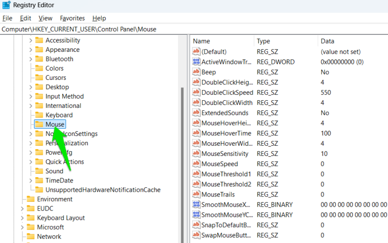 Windows Registry mouse settings