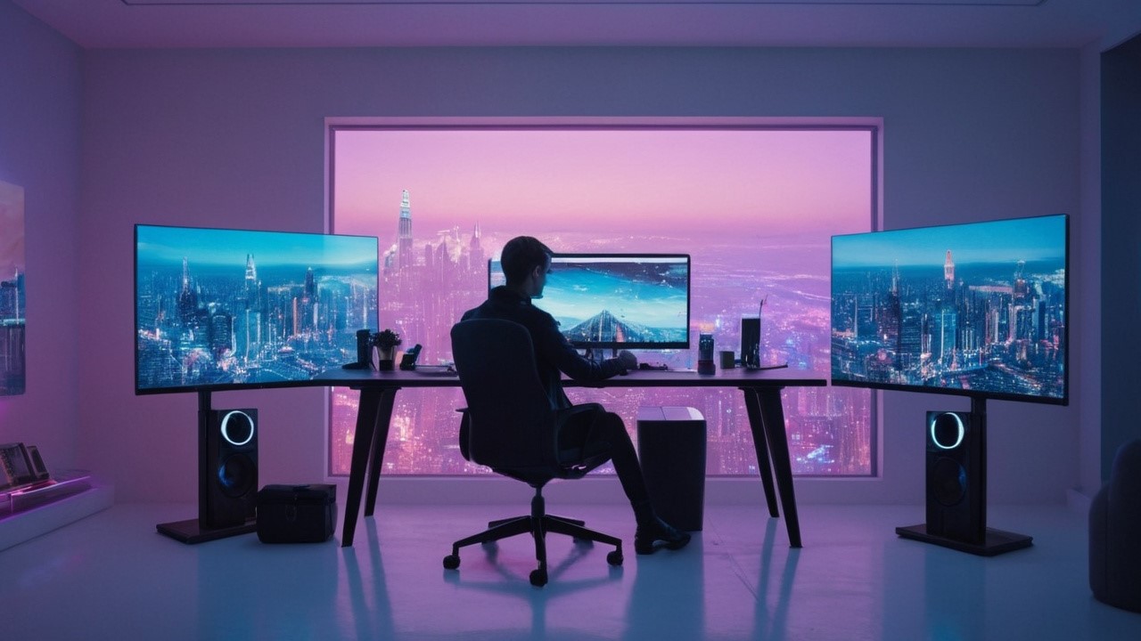 An image of a digital artist in a futuristic workspace, using a high-tech computer setup with multiple screens.
