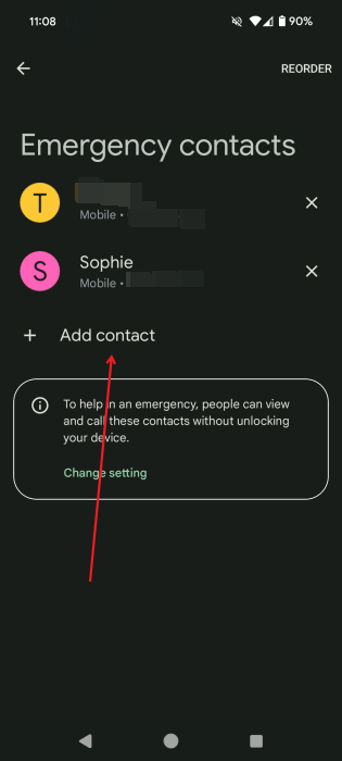 Adding emergency contact in Android Personal Safety app.