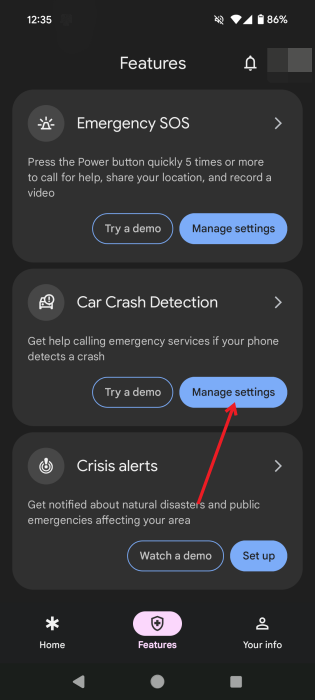 Pressing "Manage settings" for Car Crash Detection in Android Personal Safety app.