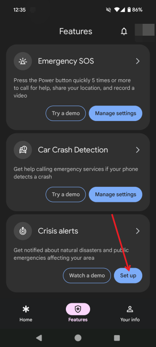 Tapping "Set up" button in Android Personal Safety app.
