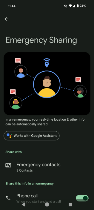 Setting up Emergency Sharing for use with Google Assistant in Android Personal Safety app.