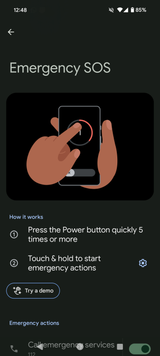 Emergency SOS feature is active in Android Personal Safety app.