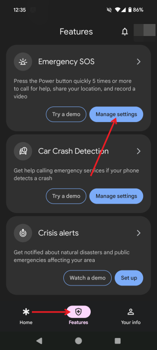 Tapping "Manage settings" in the Emergency SOS section in Android Personal Safety app.