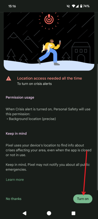 Tapping on "Turn on" button for crisis alerts in Android Personal Safety app.