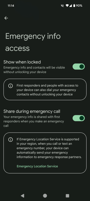 Enabling "Share during emergency call" option in Android Personal Safety app.