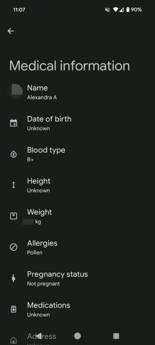 Individual medical information visible in the Android Personal Safety app.
