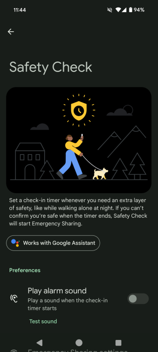 Using Google Assistant to initiate a Safety Check in Android Personal Safety app.
