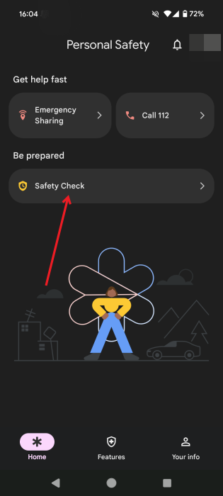 Selecting "Safety Check" option in Android Personal Safety app.