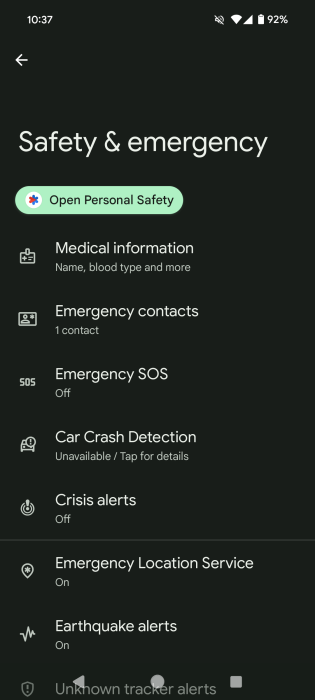 Personal Safety information viewed in Android Settings app.