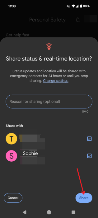 Sharing live location with emergency contacts using the Android Personal Safety app.