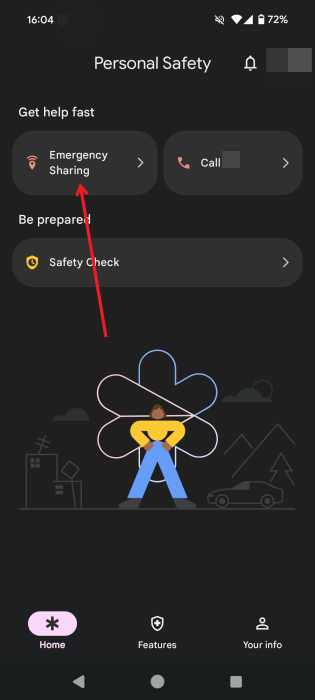 Selecting "Emergency Sharing" option in Android Personal Safety app.