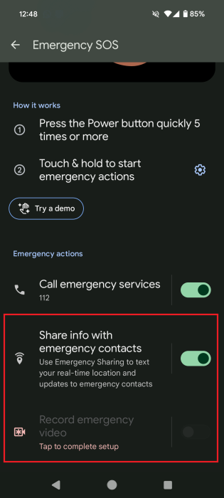 Emergency actions associated with Emergency SOS in Android Personal Safety app.