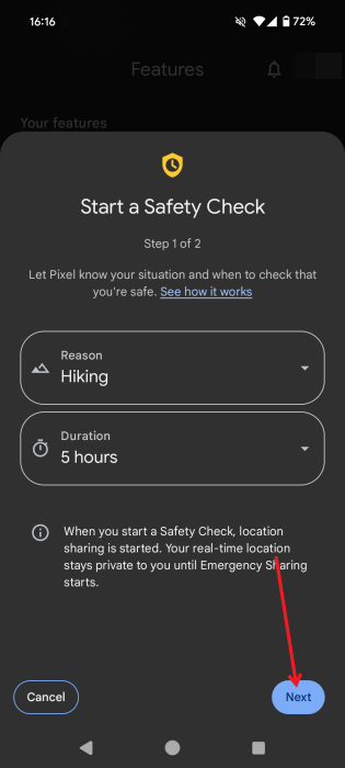 Setting up a new safety check in Android Personal Safety app.