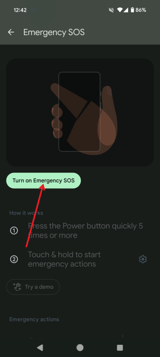 Enabling Emergency SOS in Android Personal Safety app.