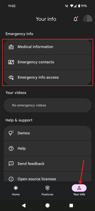 Switching to "Your info" tab in Android Personal Safety app.
