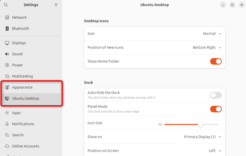 Changing appearance settings in Ubuntu.