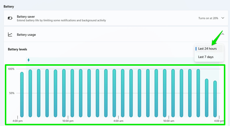 Battery Usage Over Time in Windows Settings
