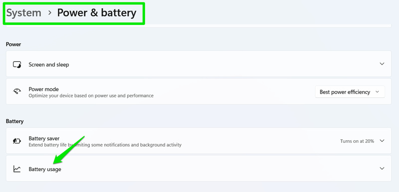 Battery Usage option in Windows Settings