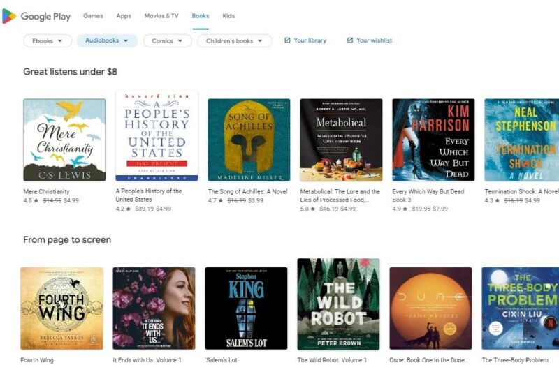 Google Play Books sorted by Audiobooks.