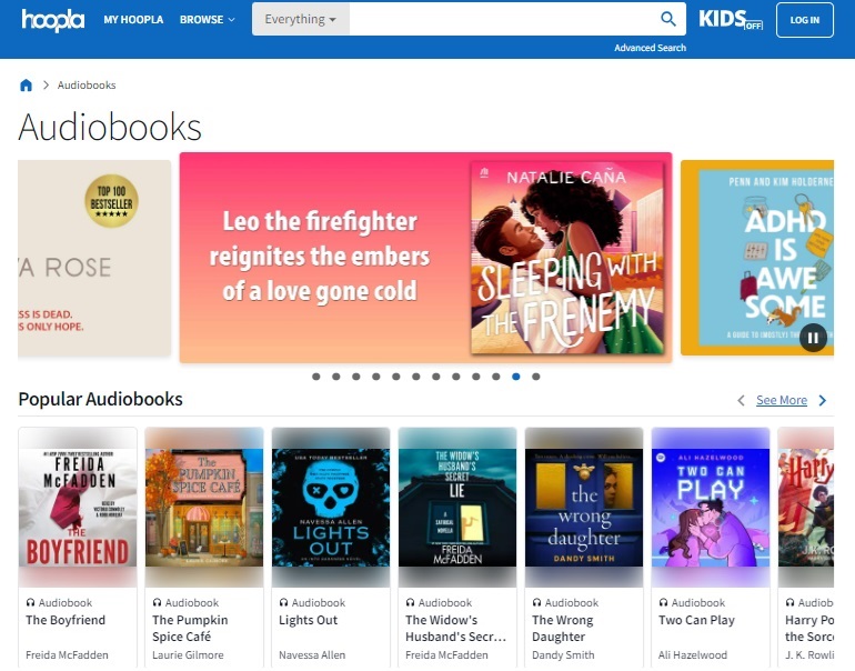 Checking out Hoopla, one of the best free Audible alternatives.