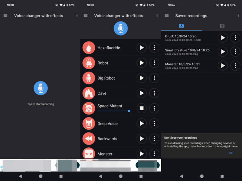 Voice Changer with Effects app interface overview. 