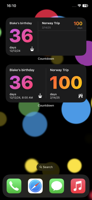 Countdown widgets visible on iPhone homescreen. 