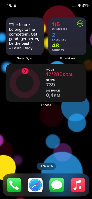 Widgets from SmartGym and Fitness apps view on iPhone homescreen.