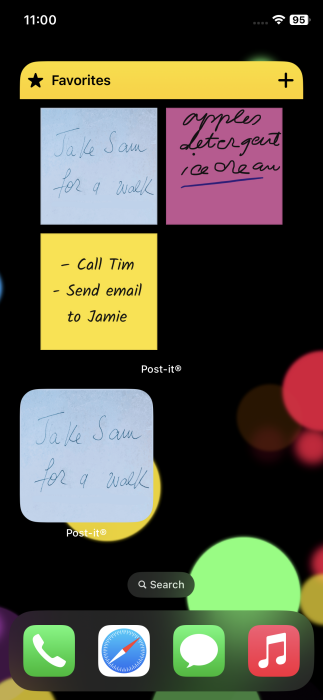 Widget view for Post-It app showcasing Sticky Notes on iPhone homescreen.