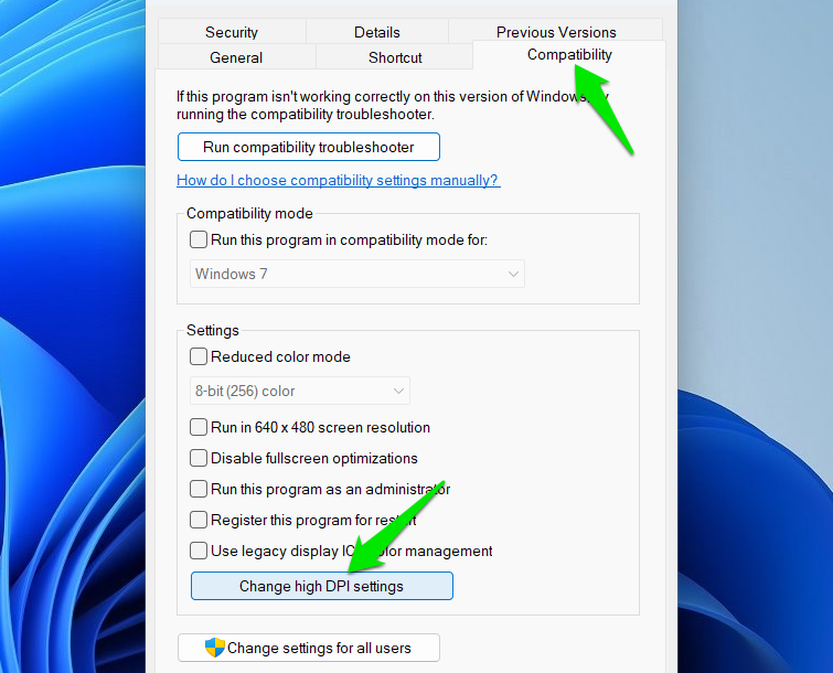 Windows app compatibility setting