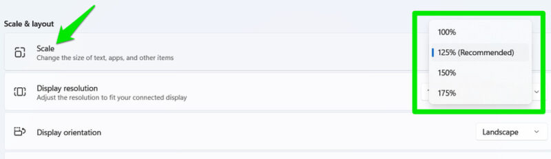 Windows 11 scaling options
