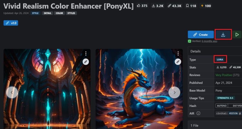 An image of a LoRA file available to download on CIVIT.AI.