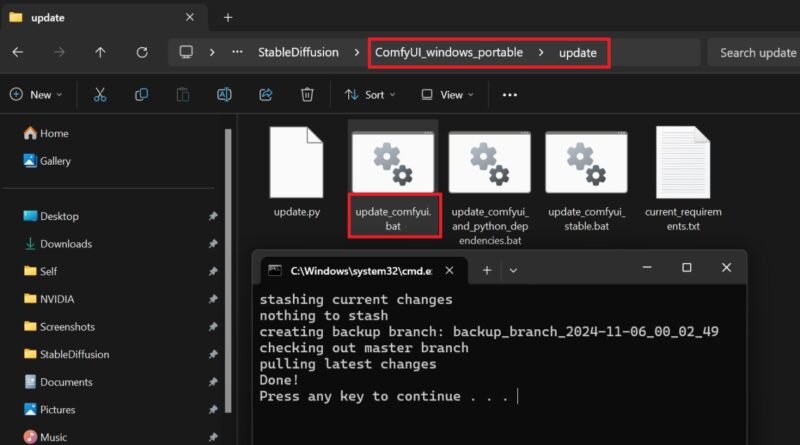 A Windows screenshot of the ComfyUI directory, showing the update batch file and the subsequent command prompt window that opens.