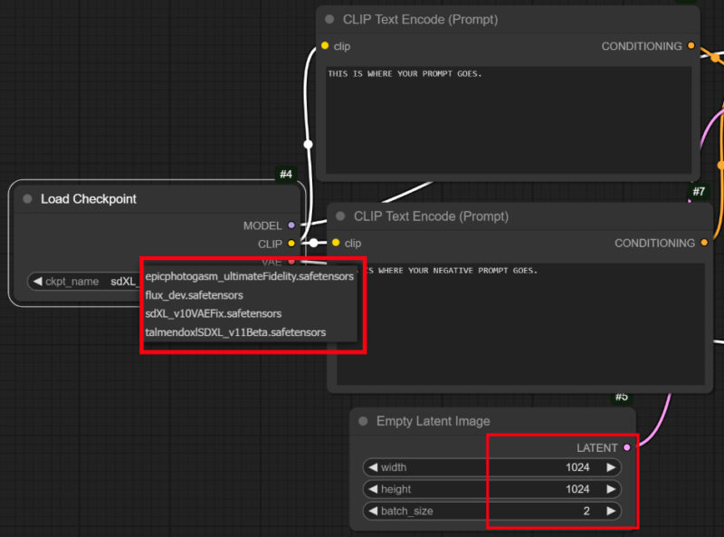 A screenshot from the ComfyUI workflow, showing the model selector, the positive and negative prompt boxes, and the empty latent image settings. 