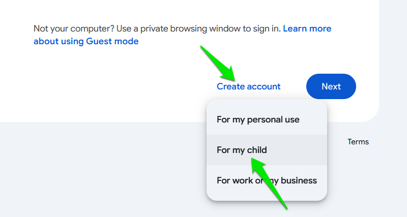 Create Child Google Account option